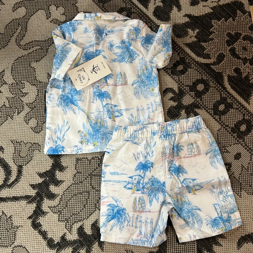 Original Penguin Kids 2-Piece Tropical Beach Shirt and Shorts Set White Blue NWT